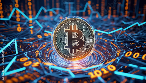Futuristic 3D Bitcoin Coin with Binary Code and Digital Financial Network Background