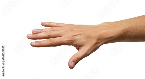 A hand palm facing down is angled away from the viewer on a white background The fingers are slightly curved