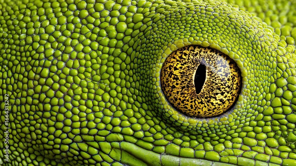Fototapeta premium A macro shot of a green lizard's eye with yellow markings and a dark circle in its pupil