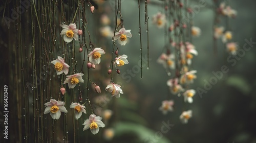   Bamboo plant adorned with white and yellow blossoms, water-laden leaves and stems