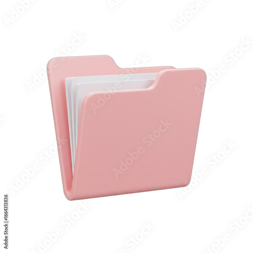 Pink folder with white paper inside isolated on white background.