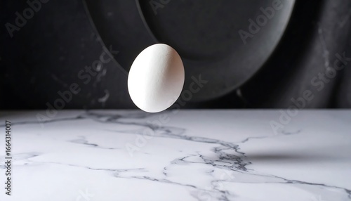 A solitary egg hovers gracefully above a pristine white marble surface, its smooth white shell contrasting beautifully with the dark, textured backdrop.