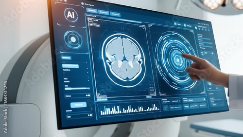 Medical diagnostic screen with brain scan and interactive interface