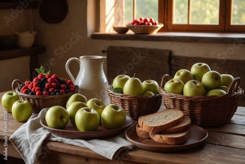 Wallpaper Mural Frisches Obst in Körben und Schalen – Äpfel, Birnen und Himbeeren bei sanftem Sonnenlicht Torontodigital.ca