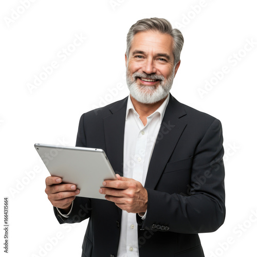 Smiling businessman holding a tablet isolated on transparent background