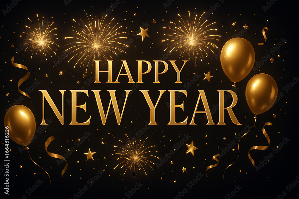 Happy New Year Celebration Text with Festive Gold Fireworks Collage, Stars and Balloons in Black Background Happy New Year Celebration Text with Festive Gold Fireworks Collage, Stars and Balloons in Black Background