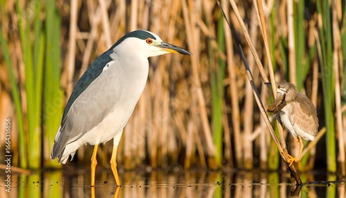 A watchful adult black-crowned night-heron stands by a young bird, both positioned amidst tall reeds in a calm marsh environment.