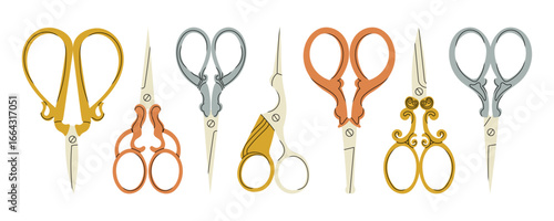Set of various Scissors. Elegant, vintage, retro style. Hand drawn Vector illustration. Isolated design elements. Cutting hair, scissoring, shear concept