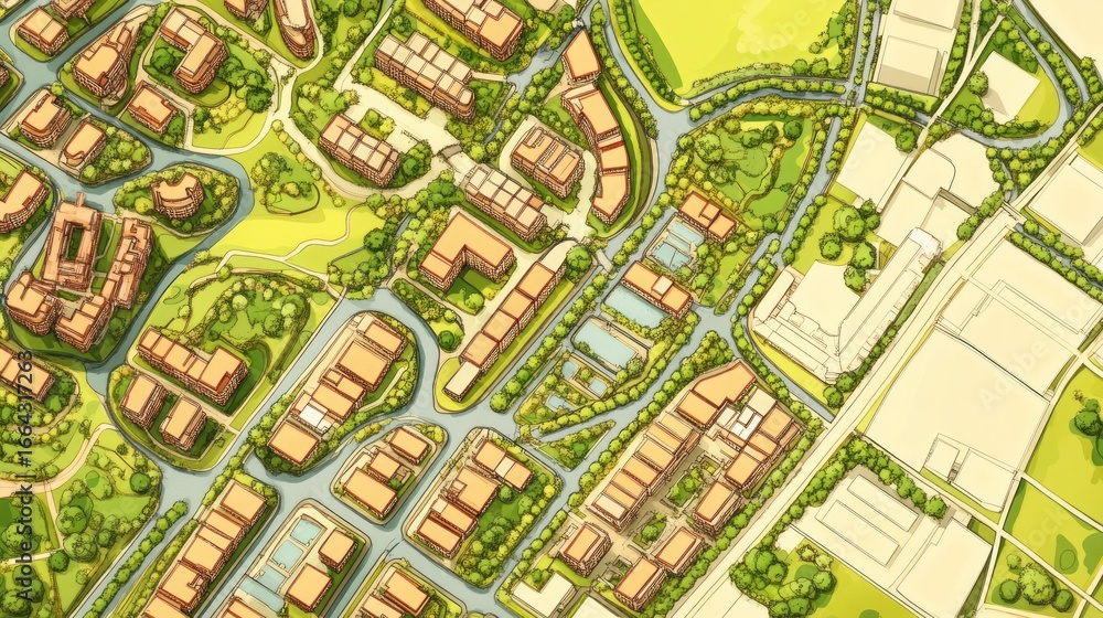 Obraz premium Aerial view of a planned urban development with residential and commercial buildings, roads, and green spaces.