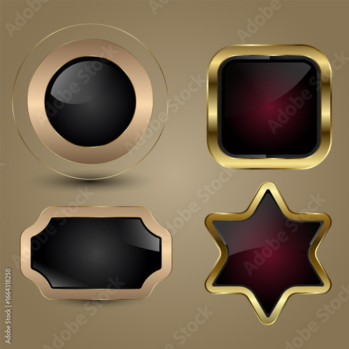 FOUR different shapes of Luxury banners and button design. and groups of four Gold Buttons vector design for social mwdia UI, two digital sleek metallaic buttons, icon, symbol