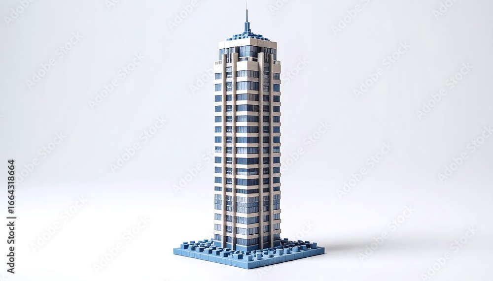 Obraz premium 3D model of a tall, modern skyscraper. Built from modular blocks