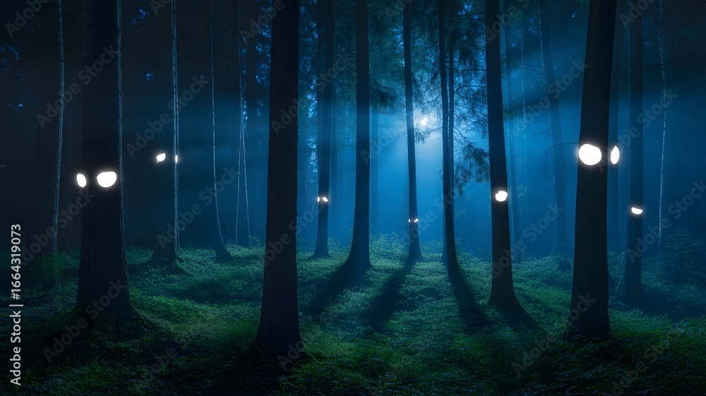 Fototapeta premium Mysterious glowing eyes emerge from the dark forest at night creating an eerie atmosphere