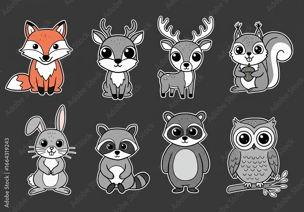 Obraz premium Charming woodland creatures set featuring a fox, deer, squirrel, rabbit, raccoon, and owl, perfect for playful designs and educational materials