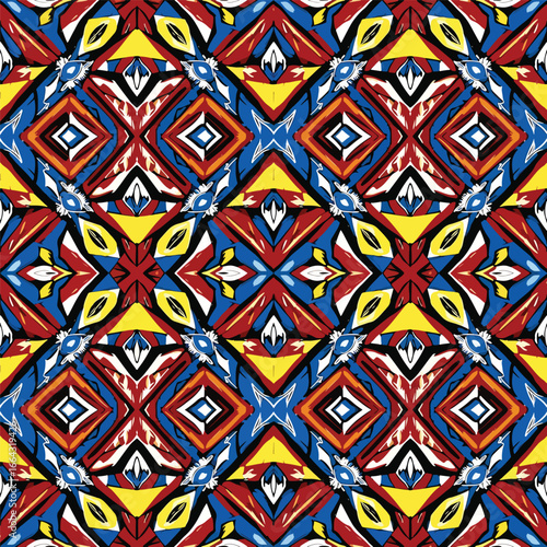 Seamless Pattern, Vibrant geometric pattern featuring bold shapes and vivid primary colors Stock royalty free image.