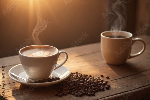 Tasse Kaffee mit Herz-Latte-Art und Kaffeebohnen bei sanftem Sonnenlicht