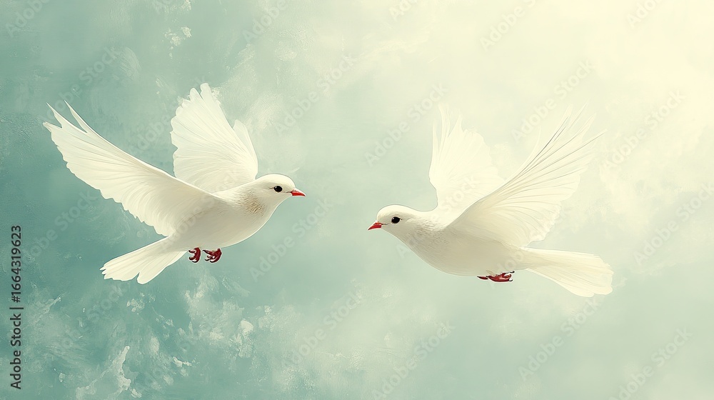 Fototapeta premium Two white doves flying gracefully in the sky with soft sunlight and clouds symbolizing peace freedom love hope and serenity in a tranquil natural scene