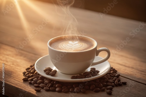 Tasse Kaffee mit Herz-Latte-Art und Kaffeebohnen bei sanftem Sonnenlicht