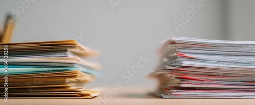 The Paper Stacks On A Desk Representing Office Paperwork And Workflow