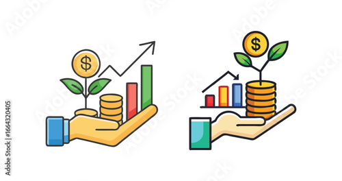 Set of investment growth icons. Vector illustrations of a hand holding a money plant and charts, representing wealth management and financial success.

