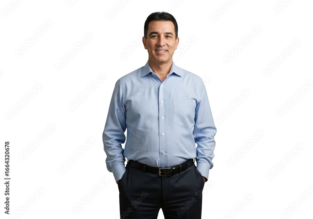 Fototapeta premium Man in blue shirt and dark pants smiling isolated on transparent background