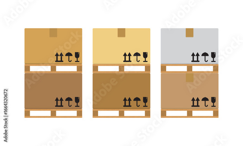 Warehouse parts boxes on wooden pallet vector illustration with shadow, cardboard cargo boxes, pictograms, flat cartoon design isolated on white. Vector illustration EPS 10.