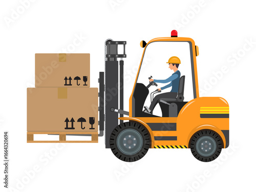 Symbol forklift Trucks style cartoon, set of profile side view commercial forklift for logistic company. Yellow forklift loader with post parcels under control of driver on white background.