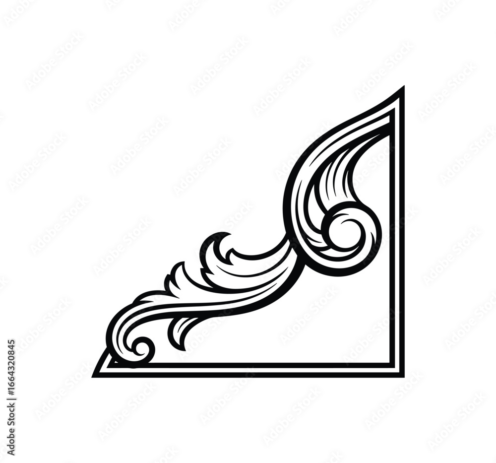 Obraz premium Decorative black corner ornament. Vector illustration of floral and swirl elements in a corner frame design.