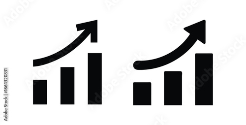 Business growth icon set. Black glyph illustrations of bar charts with upward arrows representing success and progress.
