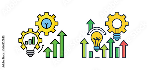 Strategic innovation and growth icon set. Vector illustrations of lightbulbs, gears, and charts representing business development and success.

