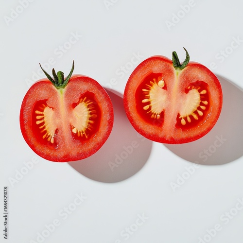 Two halves of a red tomato on a white background, showcasing seeds and juicy flesh. Bright lighting highlights texture.