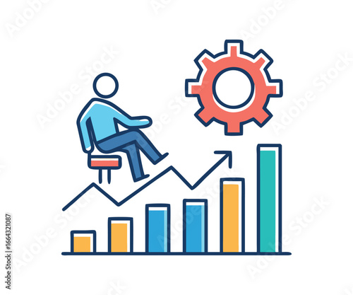 Performance management and career growth icon. Vector illustration of a person climbing a bar chart, representing strategic development and success.
