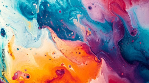 Vibrant Abstract Fluid Painting In Teal, Orange, Pink, And Purple