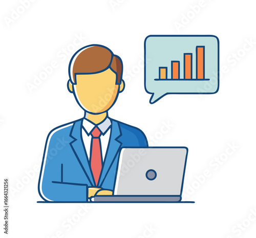 Businessman with laptop and growth chart icon. Vector illustration representing financial analysis, reporting, and business success.
