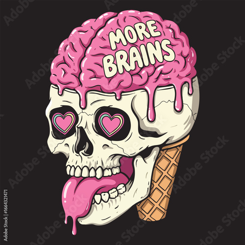 Skull ice cream cone with a melting brain and heart eyes. Funny 