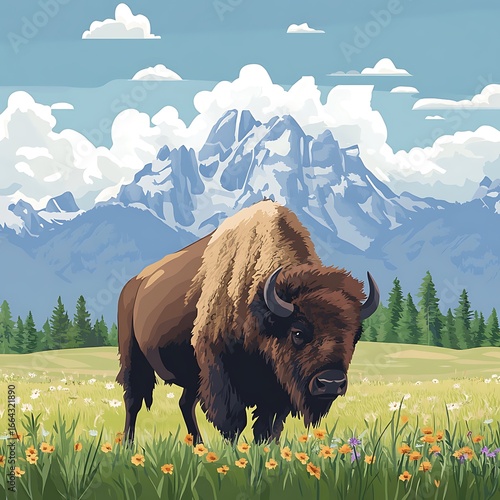 Fototapeta Naklejka Na Ścianę i Meble -  Bison in a meadow, mountains in the background (4)