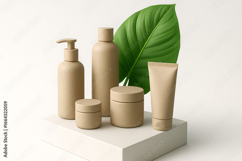 Recyclable Cosmetic Packaging on White Cube with Tropical Leaf - Download High Quality Lifestyle Stock Image Recyclable Cosmetic Packaging on White Cube with Tropical Leaf - Download High Quality Lifestyle Stock Image