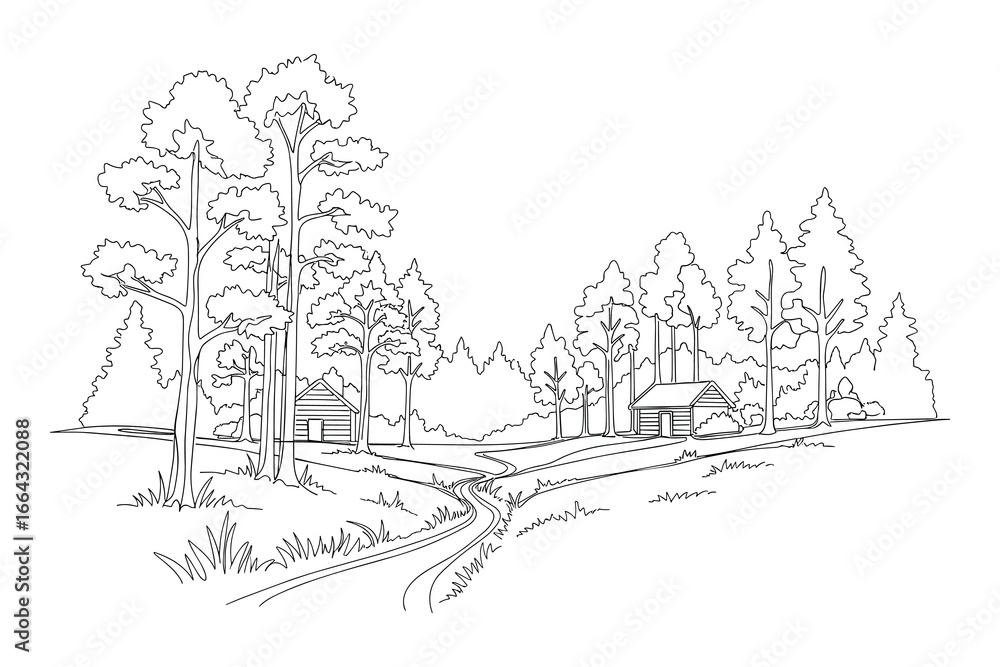 Obraz premium Black and white vector illustration of a cabin in a forest with a road. Landscape scenery. Isolated design.