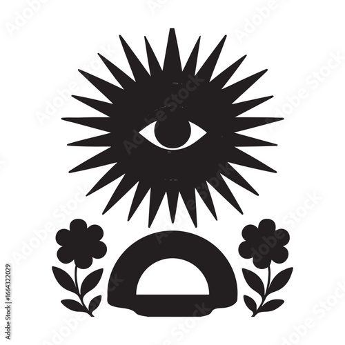 Mystical Sun with All-Seeing Eye and Flowers, Folk Art Style Esoteric Symbol, Black and White Vector Illustration