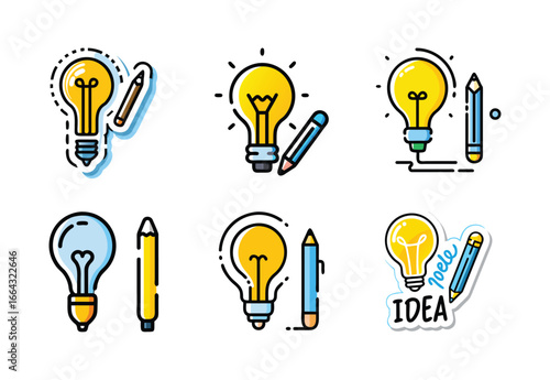 Set of creative idea icons in a sticker style. Vector illustrations of lightbulbs and pencils representing brainstorming, innovation, and creation.
