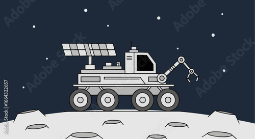 A six-wheeled lunar rover with a solar panel and robotic arm on the moon's surface.