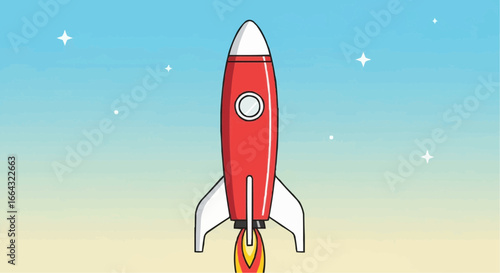 A vibrant red cartoon rocket launching upwards into a clear blue sky with small white stars, depicting space exploration.