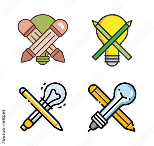 Set of creative process icons. Vector illustrations of lightbulbs crossed with pencils and pens representing ideas, brainstorming, and creative block.