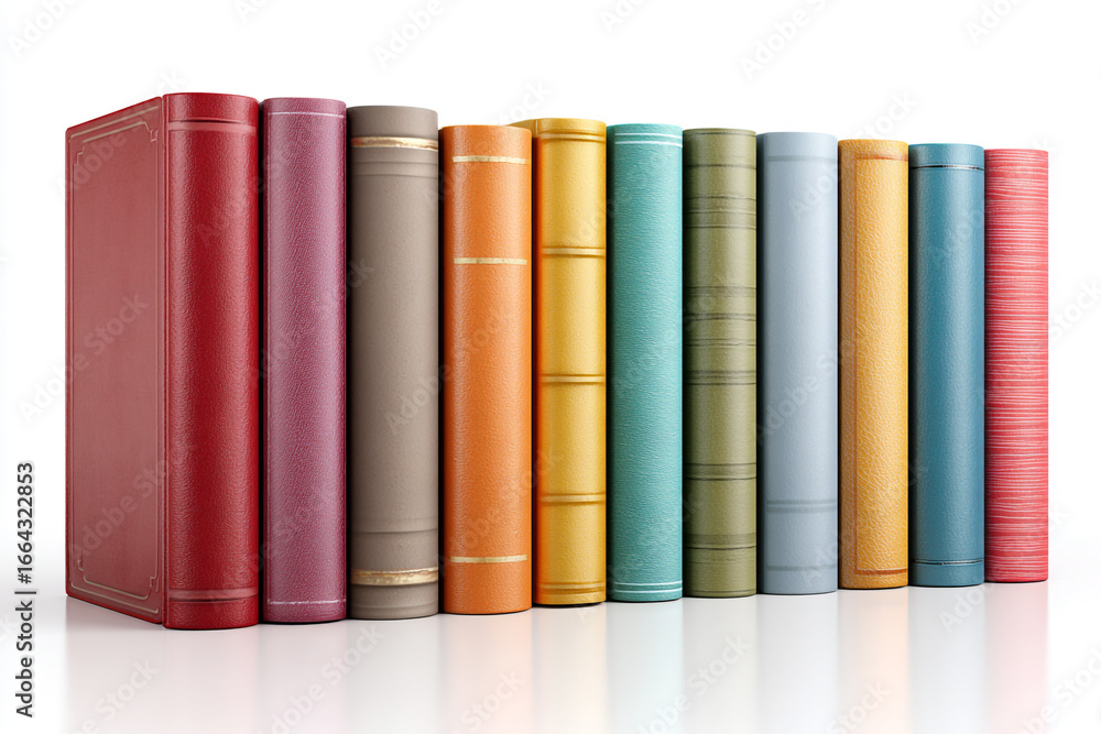 Naklejka premium Close-up of several books in a row on white background, perfect for publishing, reading, and educational themes.