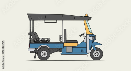 Side view illustration of a blue and yellow tuk-tuk, a three-wheeled auto rickshaw, for urban transportation.