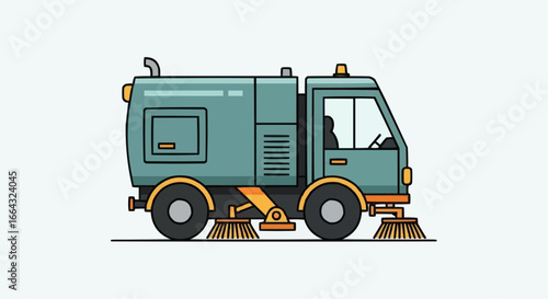 A side view illustration of a green street sweeper truck with rotating brushes for cleaning roads.