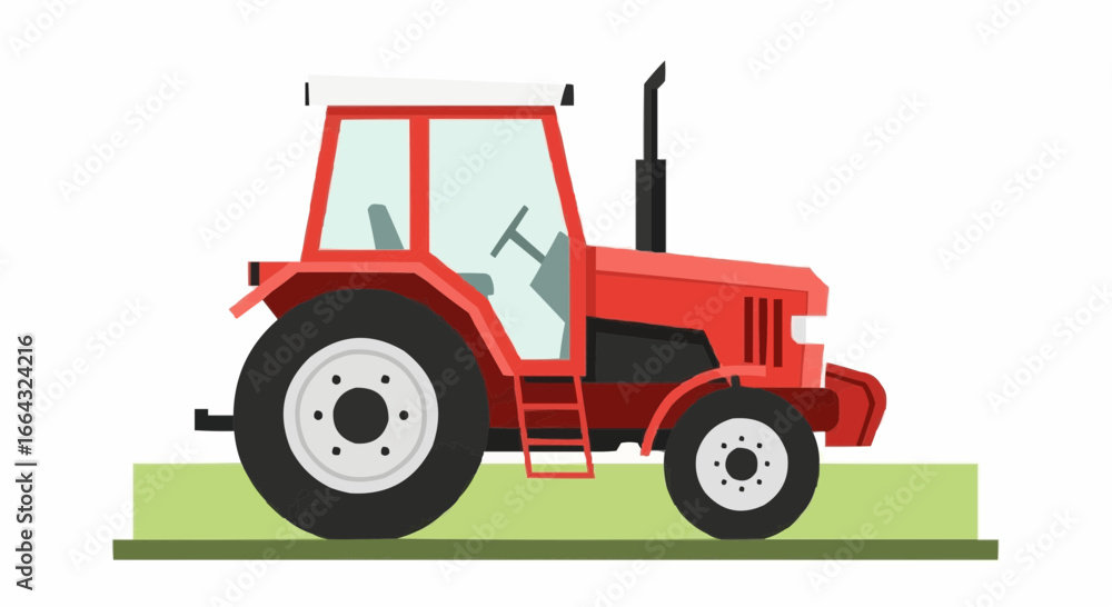 Naklejka premium A detailed illustration of a red tractor with large wheels and a cab, parked on a green grassy field, ready for agricultural work.