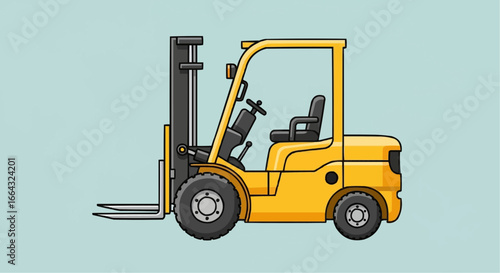Side view of a yellow forklift, industrial vehicle for material handling.