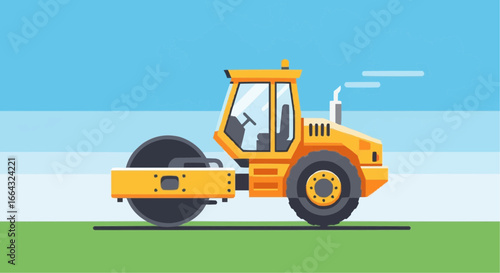 A bright yellow road roller, a heavy construction vehicle, is depicted in a flat, cartoon-style illustration on a green ground with a blue sky.
