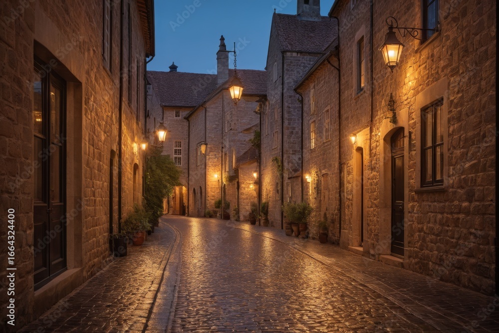 Fototapeta premium Verlassene Gasse mit historischen Steinwänden und Laternen bei Dämmerung