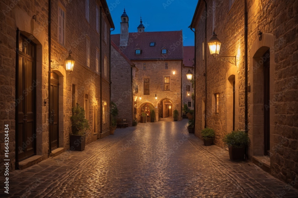 Fototapeta premium Verlassene Gasse mit historischen Steinwänden und Laternen bei Dämmerung